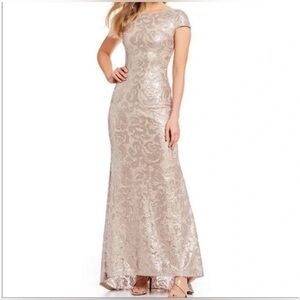 Calvin Klein Shimmering - subtle sequin Buff (cream) Maxi Cap Sleeve Dress sz 2